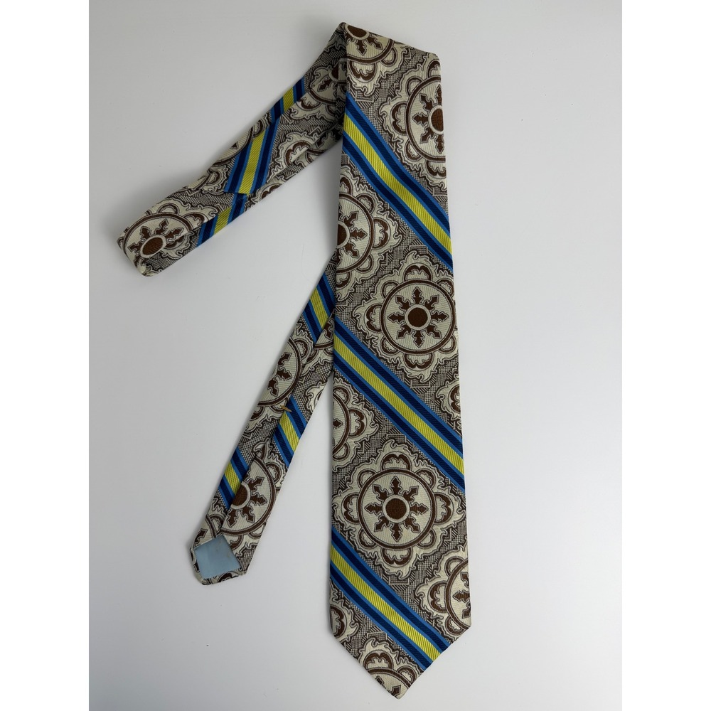 Wembley Mens Vintage Wide Necktie Paisley Medallion Stripe Blue Yellow Brown 70s